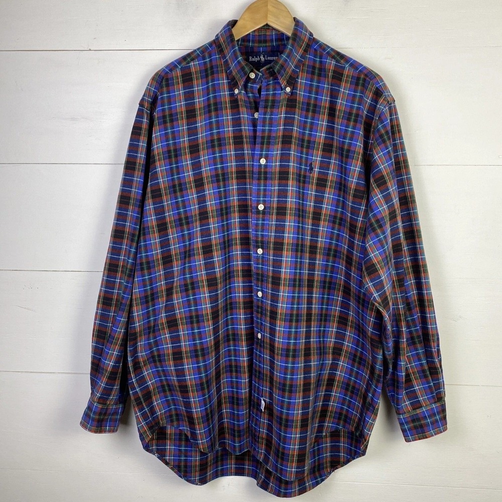 VTG Ralph Lauren Shirt Mens L Tartan Plaid Blue Red Green 90s Christmas Heritage